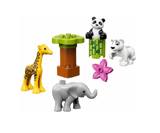 Immagine montata della costruzione. La scatola contiene: Giraffa, elefante, leone, panda e accessori