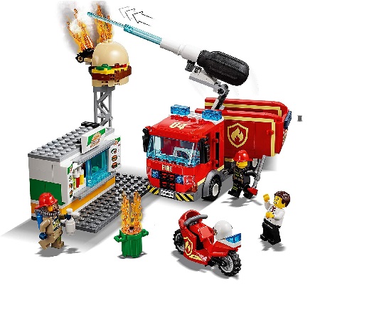 Immagine della costruzione assemblata. Con i mattoncini puoi costruire: Camion pompieri, moto dei pompieri, chiosco burger king, le figure e tanti accessori