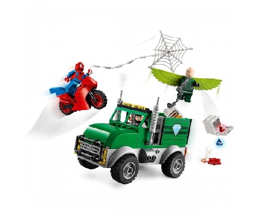 Immagine della costruzione assemblata. Camion, moto, minifigure di Spiderman e accessori
