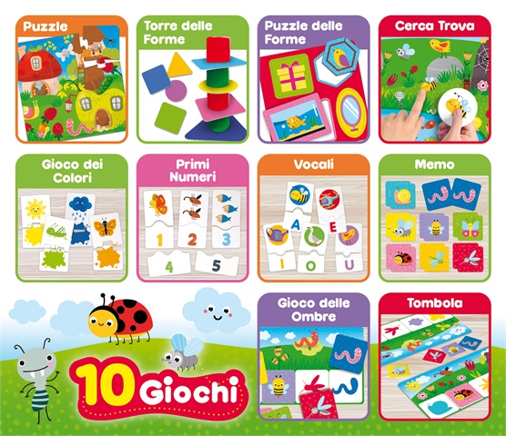 immagine di tutti i giochi contenuti. Puzzle, Torre delle Forme, Puzzle delle forme, cerca trova, gioco dei colori, primi numeri, vocali, memo, gioco delle ombre, tombola