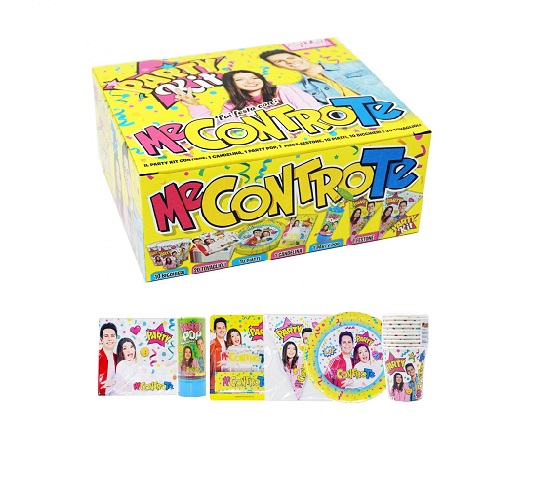 immagine della scatola del party kit e del contenuto in dettaglio: piatti, bicchieri, tovaglioli, festone, candela, party pop