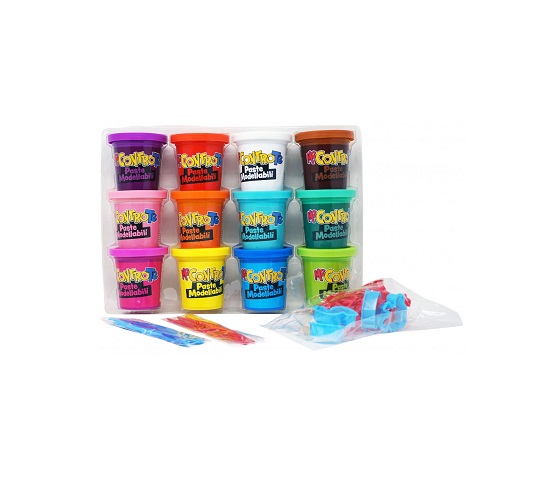 immagine del contenuto della valigetta. 12 Paste, 12 formine, 6 strumenti per modellare