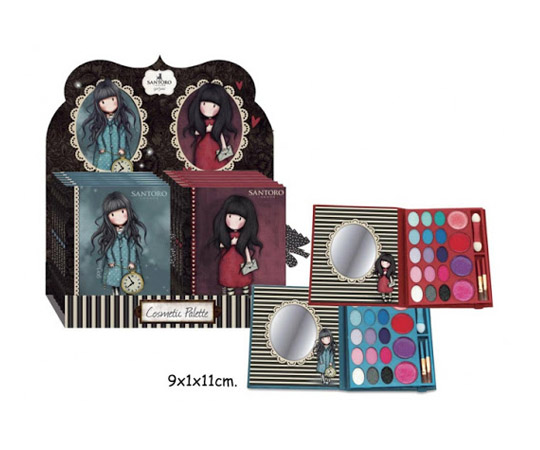foto della trousse con trucchi, pennelli e specchietto disponibile in due colori rossa o blu.
