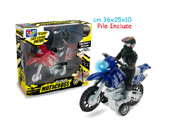 immagine della scatola e della moto blu con il pilota vestito di nero