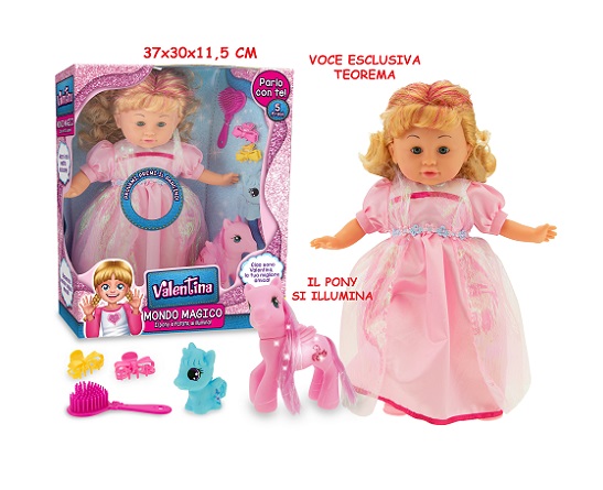 immagine della bambola con il vestitino rosa e i pony rosa e blu