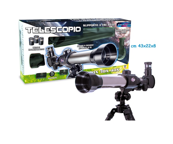 immagine del telescopio di color nero sul suo piedistallo nero