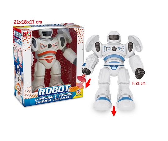 immagine del robot lanciarazzi di colore bianco con dettagli grigi e blu