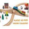 immagine della pista assemblata. In evidenza i Vagoni calamitati e lo scenario che attraversa il treno: la stazione dei pompieri, gli animali della fattoria e i vari personaggi