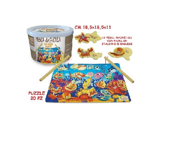 foto della confezione di vendita. In dettaglio il gioco. In figura abbiamo il puzzle assemblato su cui vengono poggiati i pesci da pescare con le due canne in figura.