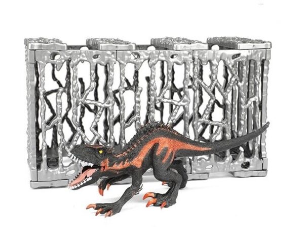 immagine del T-Rex di colore nero e arancio e della gabbia che lo contiene