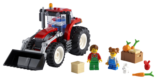 foto del trattore Lego con minifigures, ortaggi, coniglietto e cassetta