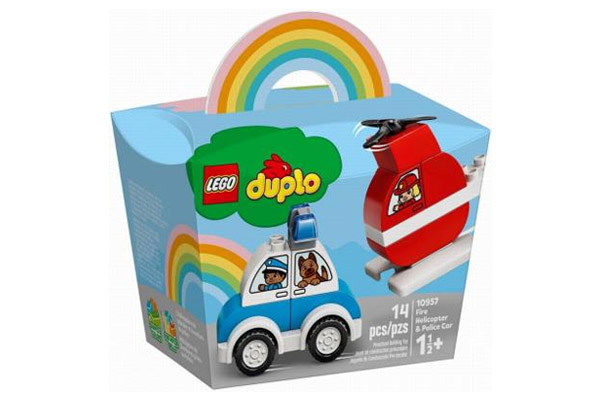 foto della scatola del set lego duplo con elicottero antincendio e auto della polizia