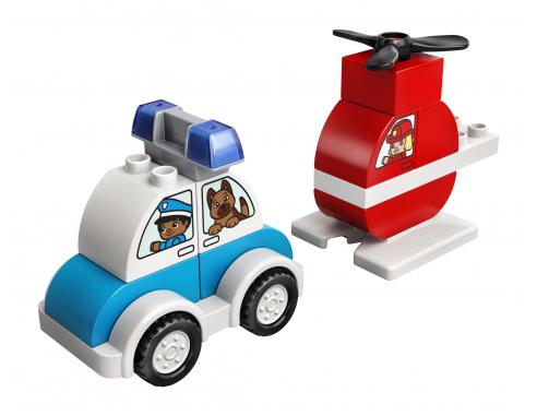 foto del set lego duplo montato, con elicottero antincendio e auto della polizia