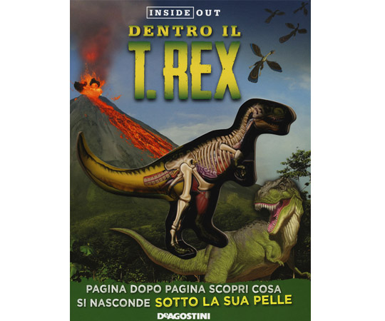 immagine del libro chiuso. In copertina il T-Rex e un vulcano sullo sfondo