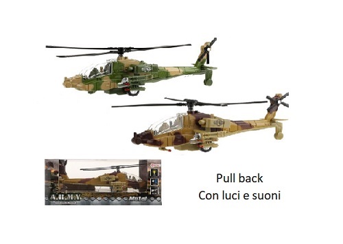 foto degli elicotteri nella confezione di vendita e fuori, in cui sono visibili le due varianti di colore, mimetico marrone e mimetico verde.