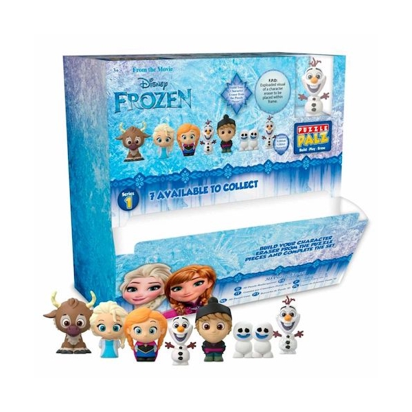 Frozen puzzle eraser, foto del display e dei personaggi che si trovano nelle capsule a sorpresa
