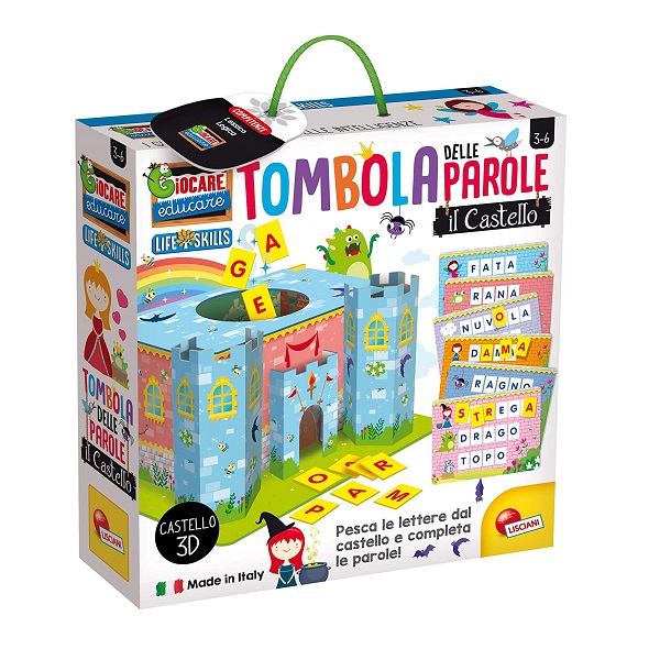 foto della confezione chiusa. La scatola è bianca con al centro l'immagine del castello di carta che funge da contenitore per le lettere della tombola