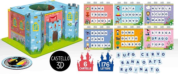 nill'immagine il contenuto della scatola. il castello da cui si estrarranno le lettere per giocare, le cartelle della tombola e le lettere