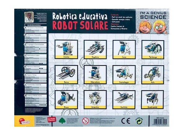 foto del retro della scatola con il dettaglio dei 12 modelli del robot solare che si possonno costruire con i pezzi contenuti nella scatola