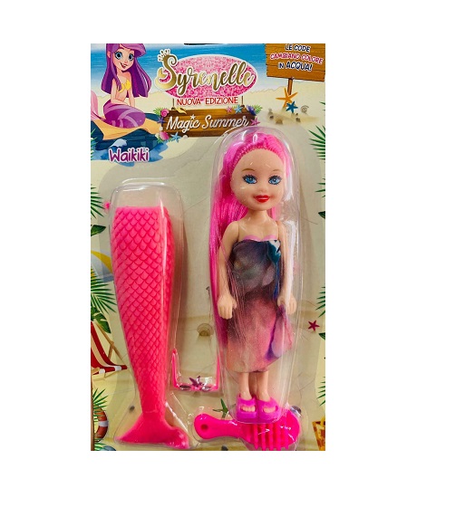 foto del bllister contenente la bambolina syrenella con pareo, la sua coda, la spazzola per i capelli e gli occhiali da sole
