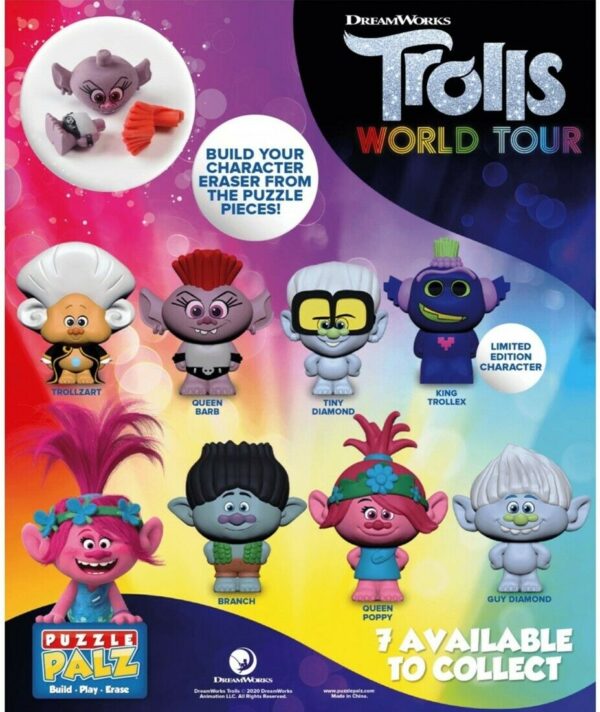 immagini dei 7 personaggi della collezione dei Trolls puzzle eraser