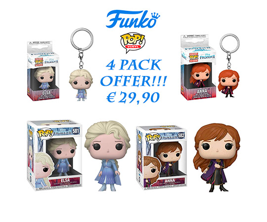 foto con offerta funko pop frozen 4 pezzi anna, elsa e keychain
