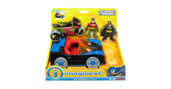 foto del giocattolo nel suo display a vista. La batmobile ha il posto per il conducente e quello del passeggero, c'è la moto e ci sono i due personaggi di Batman e Robin
