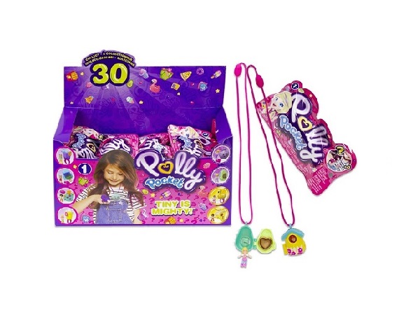 immagine del display di vendita che contiene 30 bustine e sulla destra il dettaglio della singola bustina che contiene la polly pocket con i suoi accessori